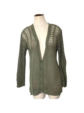 𝅺DKNY Olive Minimalist Green Crochet Knit Cardigan Sweater Deep V Neck Sz XS